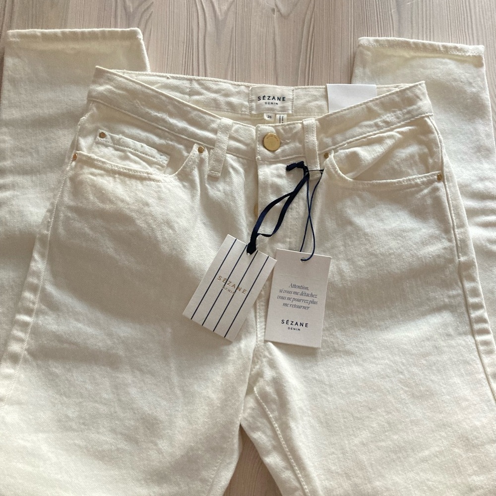 Sezane 1967 ecru denim high rise straight leg pants - Picture 2 of 16